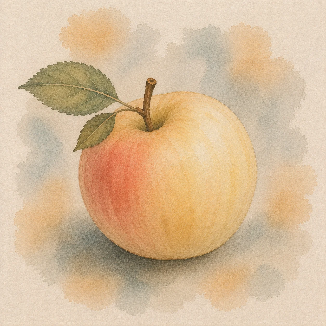 A ripe yellow and red apple at an angle