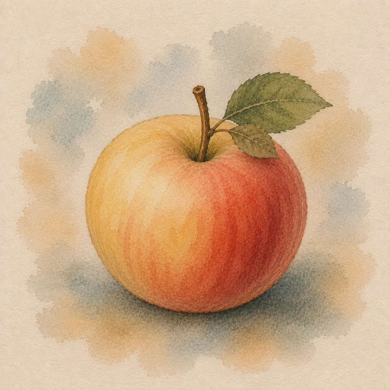 A round apple with a small leaf